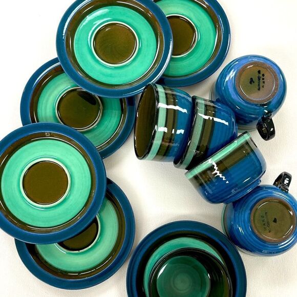 Waku West Germany set of 6 cups and saucers 1960s teal green violet stripes - Picture 1 of 6